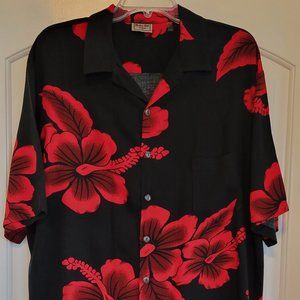 ALOHA HUT Hawaiian Men's Shirt Soft Loose Fit Black and Red Floral Size XL